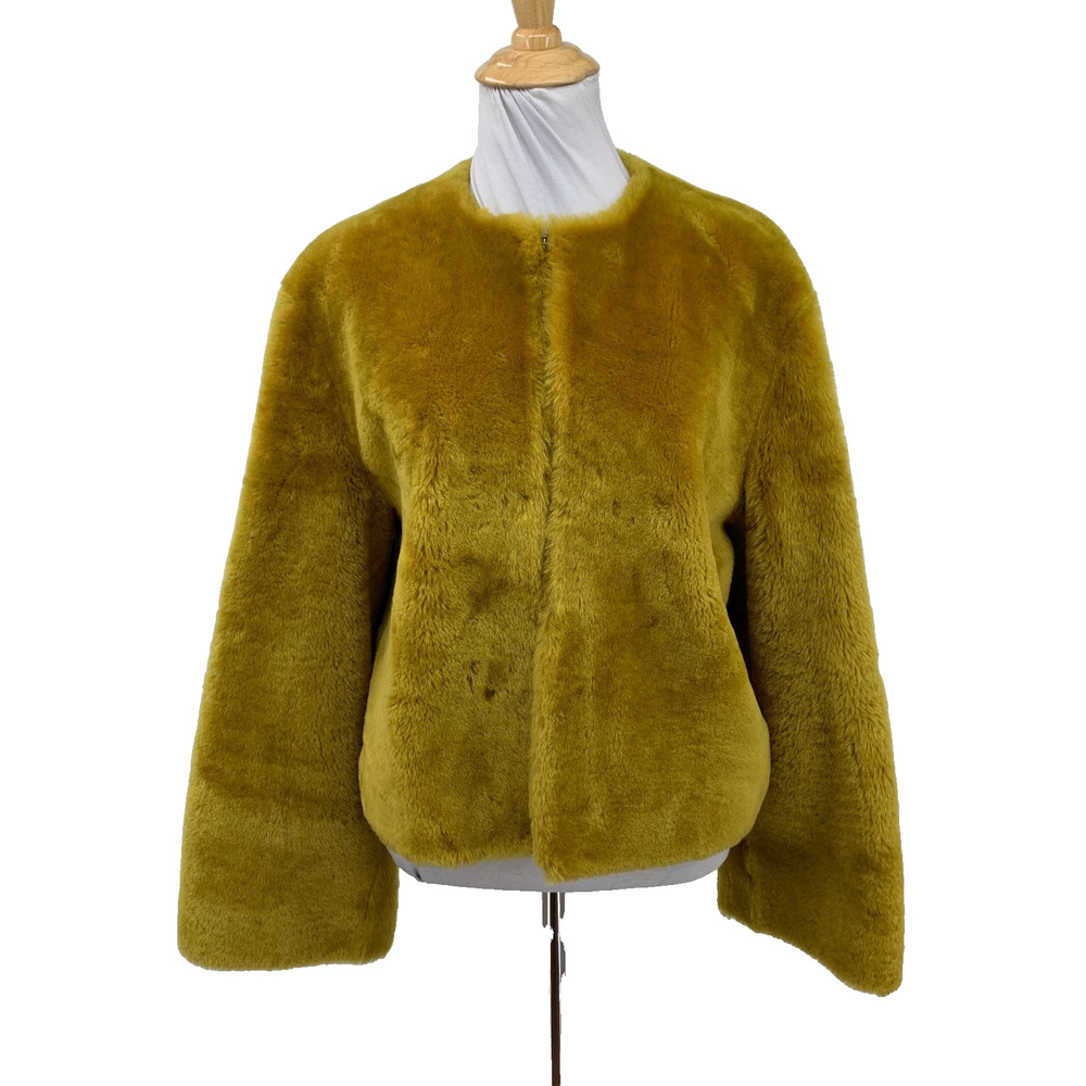 Pologeorgis Jacket Women S Small Mustard Lamb Fur Striped Lining Crop Sweater